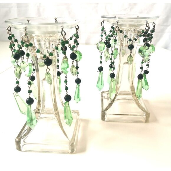 Crystal Candle Holders Pair Vintage Rare Green Ensemble Unique - Picture 1 of 10